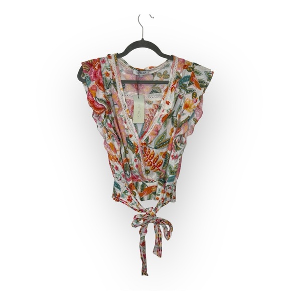 Rachel Zoe Floral Bohemian Linen-Blend Wrap Blouse with Tie Front - Large NWT - Picture 1 of 8